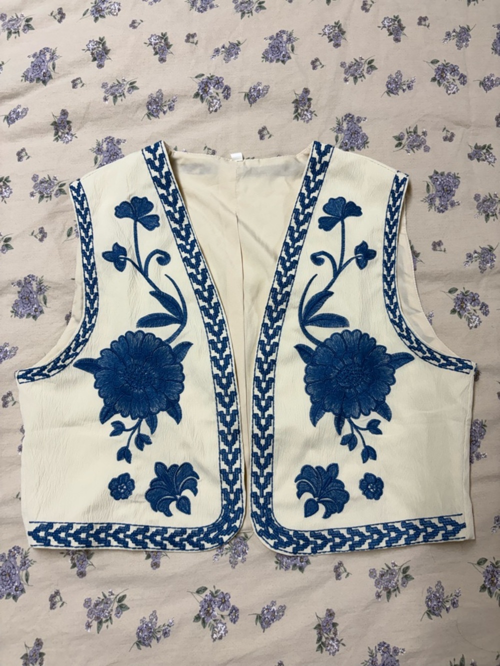 Embroidered Cream Vest with Blue Floral Design